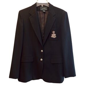 Ralph Lauren 100% Wool Long Line Blazer Crest Black Silver Buttons 8 Vintage 90s